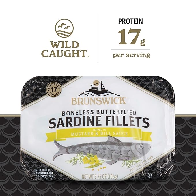 Brunswick Sardines in Mustard & Dill Sauce, 3.75 oz Can (Pack of 12) - Boneless Butterflied Sardine
