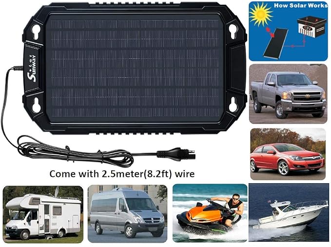 Sunway Solar Car Battery Trickle Charger & Maintainer 12Volt 8W Solar Panel Power Charger kit