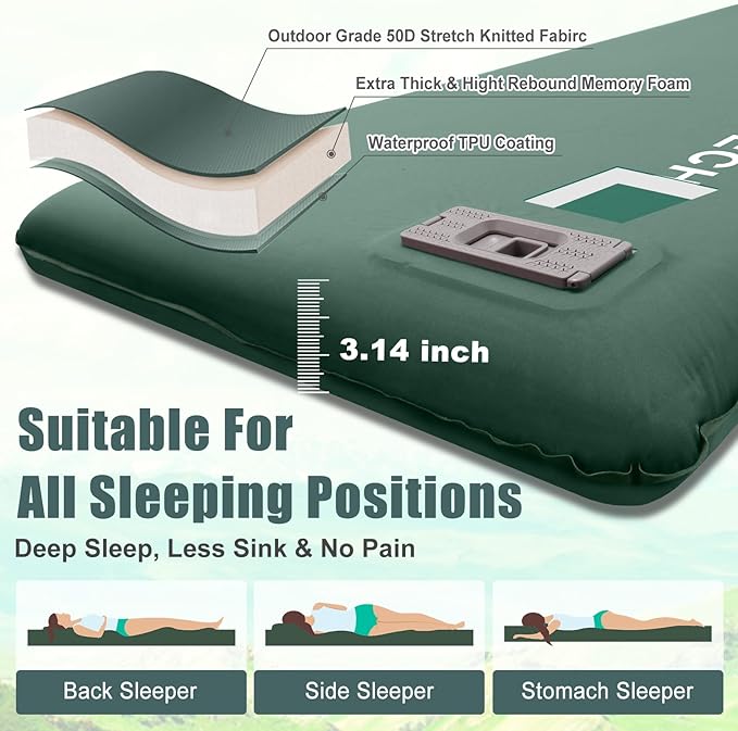 Self Inflating Sleeping Pad with Electric Pump, 3.14" Ultra-Thick Memory Foam Sleeping Mats for