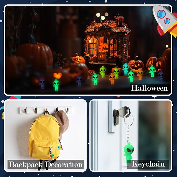 50 Pcs Alien Party Favors Alien Keychains Glow in The Dark Space Keychain Mini Aliens Figures