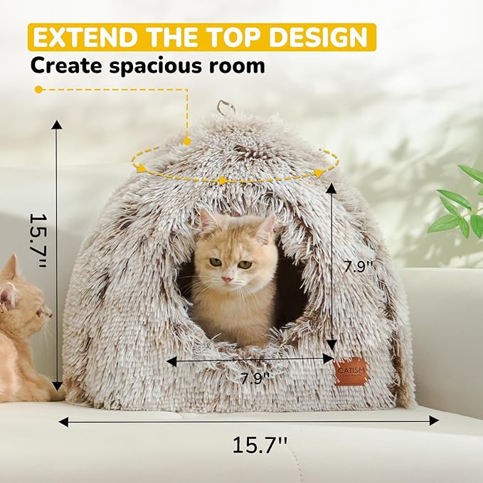 CATISM Cat Bed, Cat Cave for Indoor Cats, Soft Cat Dome, Self-Warming 2 in 1 Foldable Pet Cat House