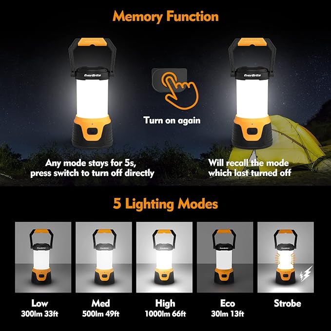 EverBrite Rechargeable LED Camping Lantern with Power Bank Function, 1000 Lumens Camping Lights, 5