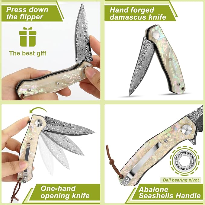 Benkey Damascus Pocket Knife, Extremely Sharp VG10 Core Damascus Steel Folding Knives with Clip and