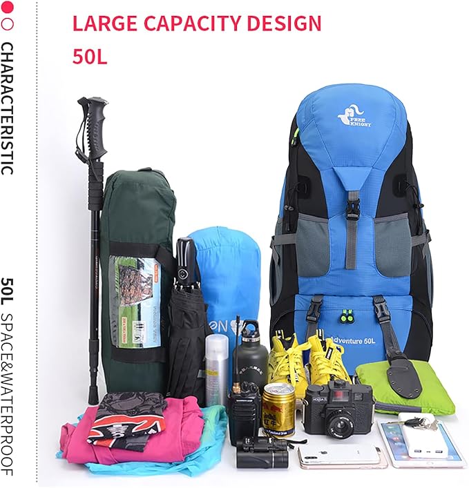 Bseash 50L Hiking Backpack, Water Resistant Lightweight Outdoor Sport Daypack Travel Bag for