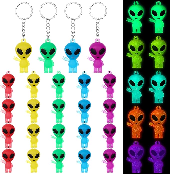 24 Pcs Alien Party Favors Alien Keychains Glow in The Dark Space Keychain Mini Aliens Figures