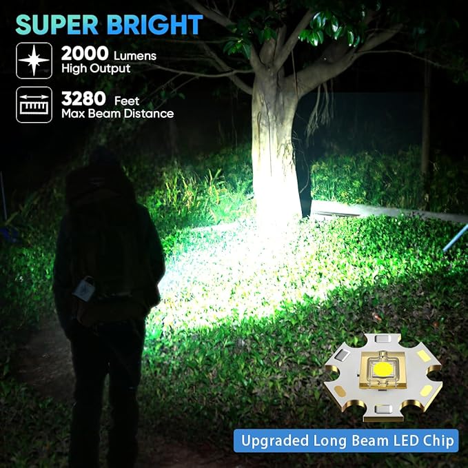 Flashlights High Lumens LED Rechargeable, 2000LM Poweful Tactical Flashlights, Super Bright Flash