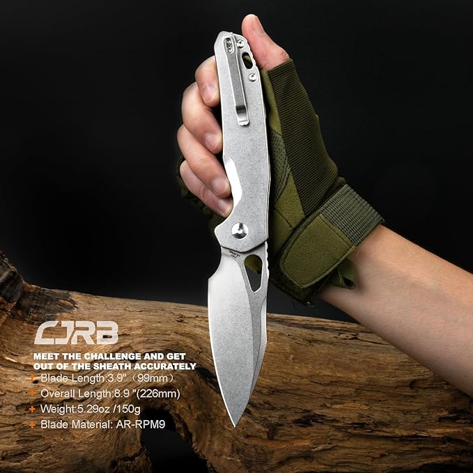 CJRB Frack Folding Pocket Knife, 3.9" AR-RPM9 Steel Blade PVD Coating Steel Handle EDC Knife