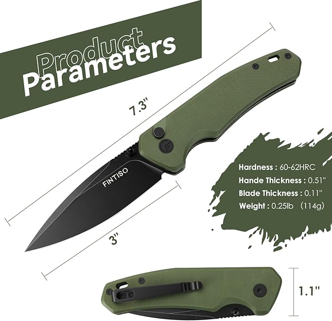 FINTISO Pocket Knife, 3" 14C28N Steel Blade G10 Handle Small EDC knife with Button Lock, Sharp