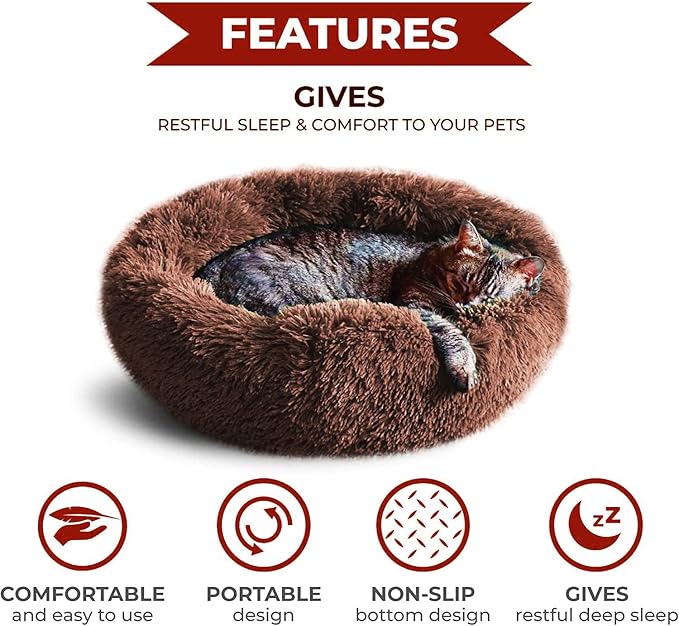 Whiskers & Friends Cat Bed, Cat Beds for Indoor Cats Washable, Orthopedic Soft Fluffy Round Calming
