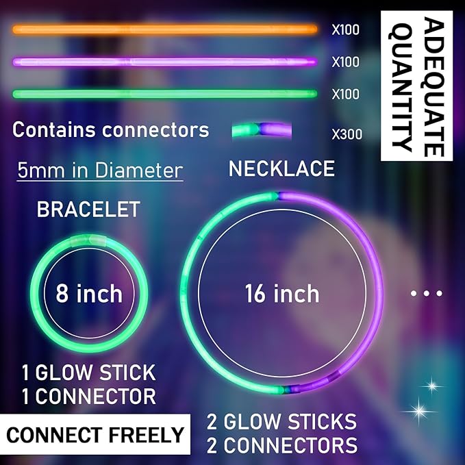 Hanaive 300 Pcs Glow Sticks Bulk 8 Inch Glow in The Dark Party Favors Neon Bracelets and Necklaces