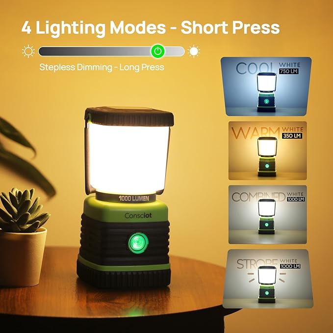Consciot LED Battery Powered Camping Lantern, 1000LM, 4 Light Modes, IPX4 Waterproof Portable Tent
