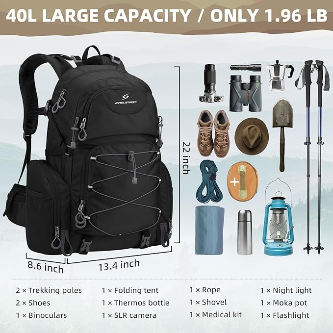 Maelstrom Hiking Backpack, 40L Waterproof Camping Daypack for Men and Women, Lightweight Travel