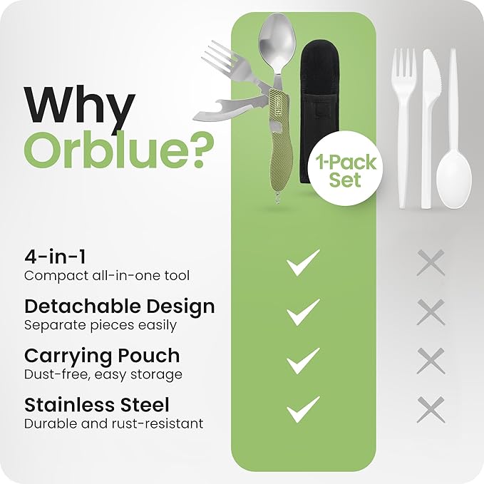Orblue 4-in-1 Camping Utensils, 1-Pack, Portable Stainless Steel Spoon, Fork, Knife & Bottle Opener