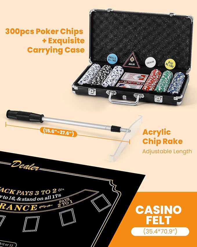 Blackjack Set Casino Set Blackjack Game Combo Set: Card Shuffler, 300pcs Poker Chips, Casino Felt
