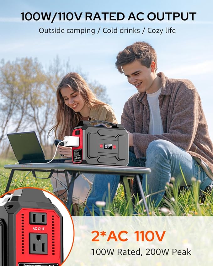 Portable Power Station Bank 146Wh 200W Peak(100W Rated), Solar Powered Power Bank with AC Outlet