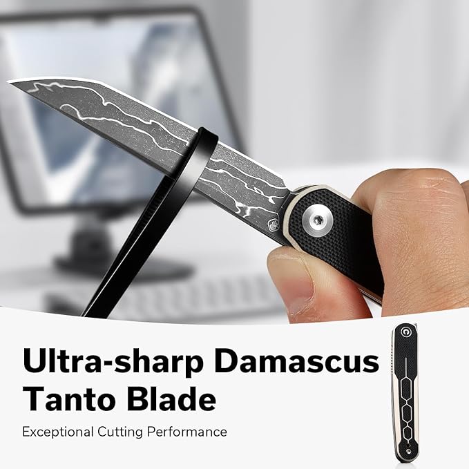 CIVIVI KwaiQ Pocket Knife, Folding Knife with Inline Flipper for EDC, 2.97" Damascus Tanto Blade