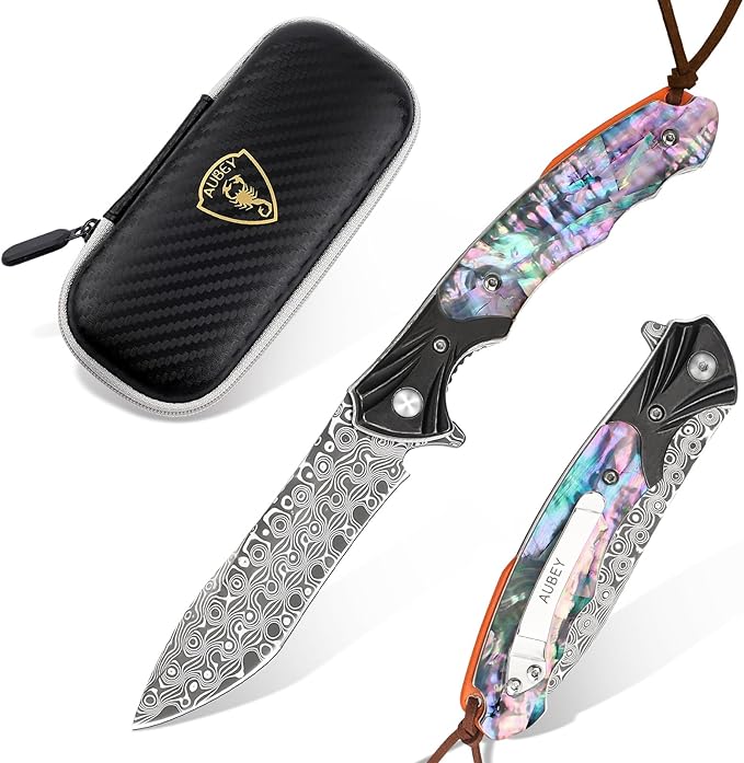 AUBEY Damascus Pocket Knife for Women Men, 3.43" VG10 Damascus Steel Blade Knife with Clip, EDC