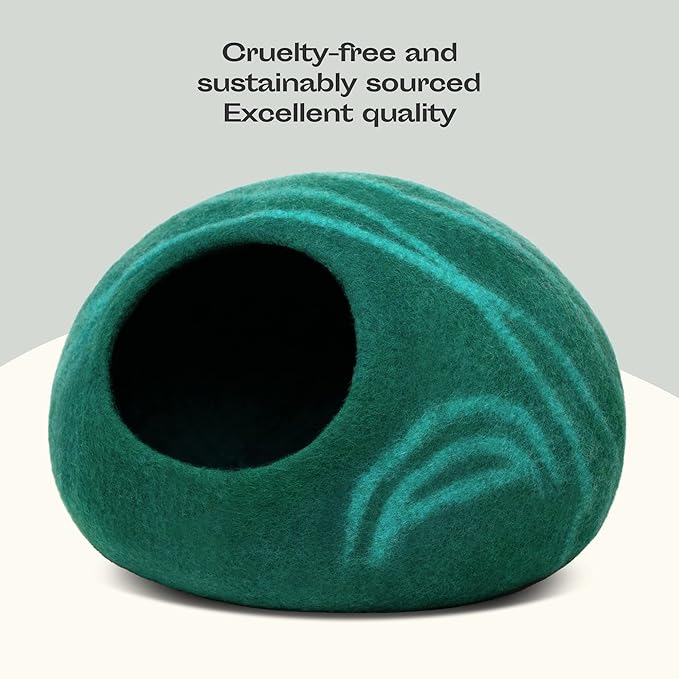 MEOWFIA Cat Cave ??Premium Felt Cat Bed for Indoor Cats, Handmade 100% Merino Wool (Large, Emerald)