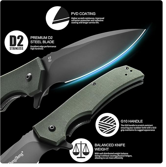 Praxis Folding Pocket Knife, 3.6" PVD Titanium Coating D2 Steel Blade Foldable Knife with G10