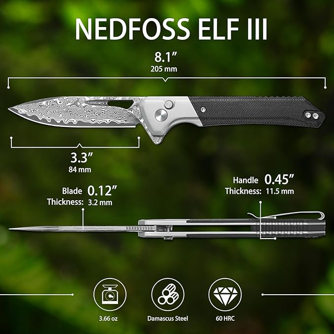 NedFoss ELF Damascus Pocket Knife for Men, 3.3" Button Lock EDC Folding Knife with G10 Handle