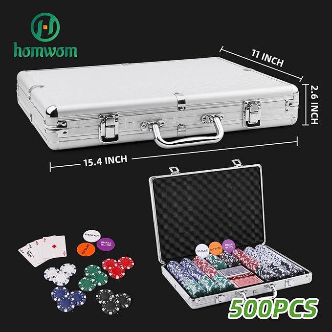 Poker Chip Set - 500PCS Poker Chips with Aluminum Case, 11.5 Gram Chips for Texas Holdem