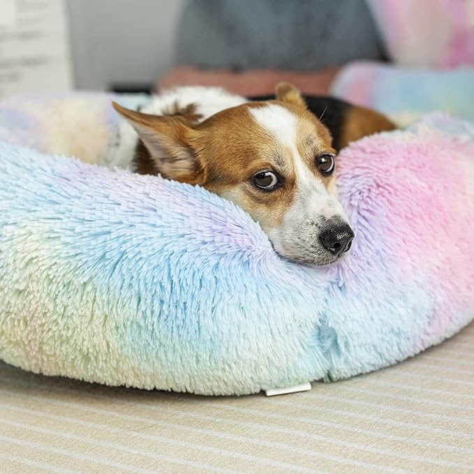 Anti Anxiety Round Fluffy Plush Faux Fur Warm Washable Dog Bed & Cat Bed, Original Bed for Small