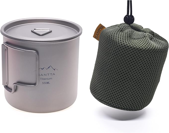 SANTTA Camp Cup MUG with Lid & Pouch, 18.6 oz Ultra Light Titanium Cup with Foldable Handle Camping