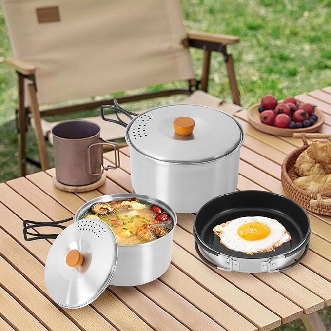 Camping Cookware Set, Camping Cooking Set,304 Stainless Steel Camping Pots &Frying Pan Set,Campfire