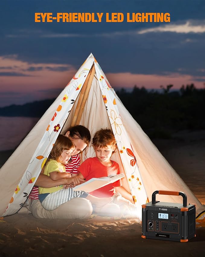 GRECELL 999Wh Solar Generator 1000W, Portable Power Station with 60W USB-C PD Output, 110V Pure