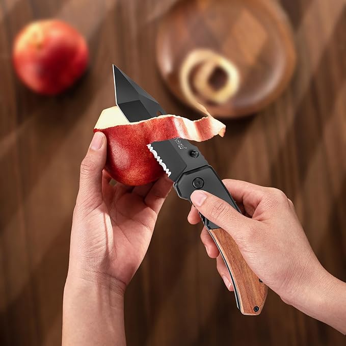 Vickay Pocket Knife, Folding Knife with Clip - 3.54??Black Serrated Steel Blade, Wood Handle EDC