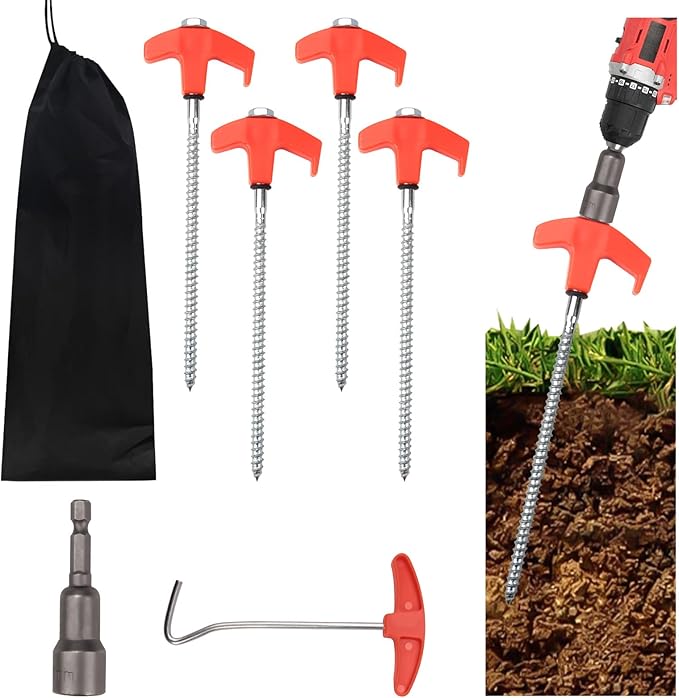 4 Pcs Tent Stakes Heavy Duty, 8 inch Ground Anchors Screw in, Screw in Tent Stakes, Camping Stakes