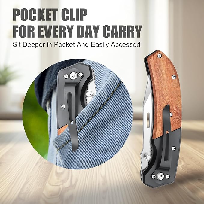 Vickay Pocket Knife, Folding Knife with Clip - 3.54″ Tanto Serrated Blade, Wood Handle EDC Knife