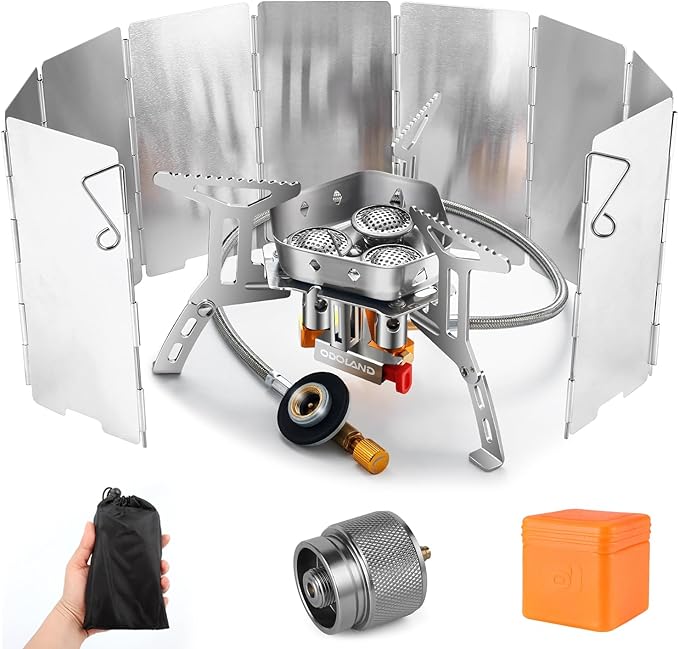 Odoland 3500W/6800W Windproof Camp Stove Camping Gas Stove with Windscreen, Fuel Canister Adapter