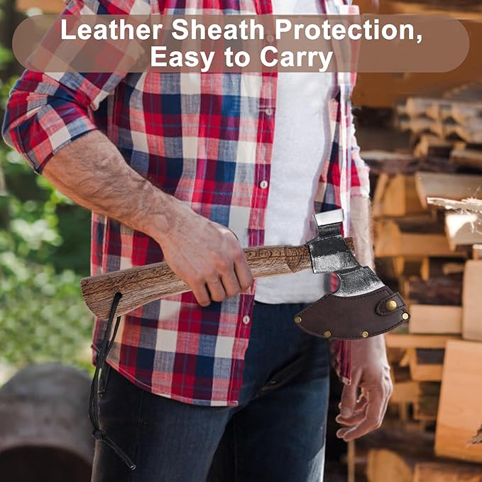 Wood Splitting Axe with Leather Sheath,Camping Hatchet with 10.74" Solid Handle,Bushcraft Axe with