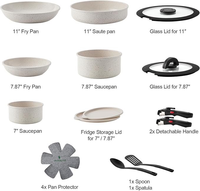 ROSSETTO 17pcs Pots and Pans Set Non Stick from France, Ceramic Cookware Set with Removable Handle
