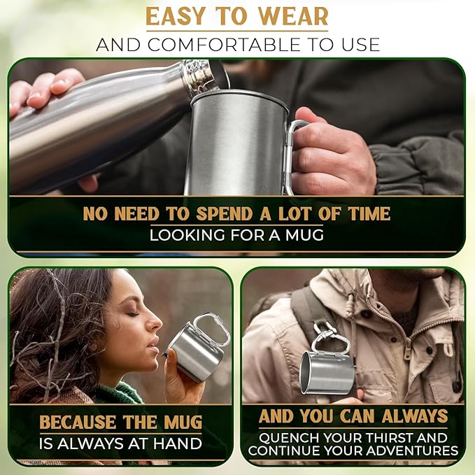 13.5 Oz Stainless Steel Camping Mug with Carabiner - Metal Camping Cup for Traveling, Lightweight