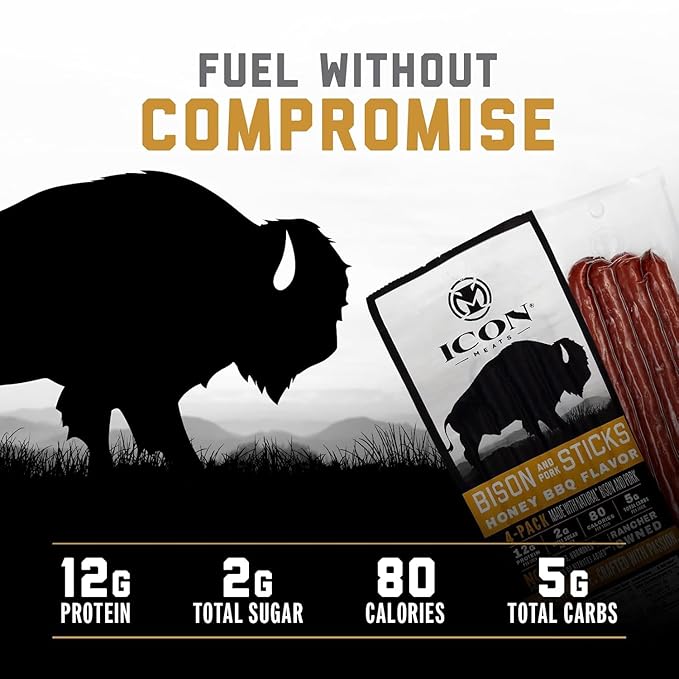 ICON Meats Bison and Pork Snack Sticks - Honey BBQ Flavor - 6 Packs Per Box, 4 Sticks Per Pack, All