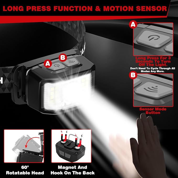 Headlamp Rechargeable,2 Pack 2000 Lumen Super Bright Led Headlamp,16 Modes Motion Sensor Head