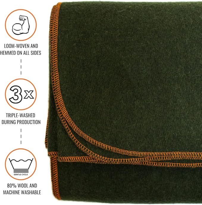 Arcturus Military Wool Blanket - Warm, Thick, Washable - Great for Outdoors, Camping, Stadium