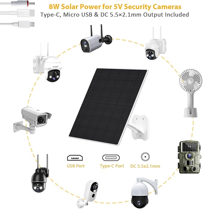 Zivif 8W Solar Panel for Security Cameras, Solar Panel Charger Camera with USB-C Cable, DC