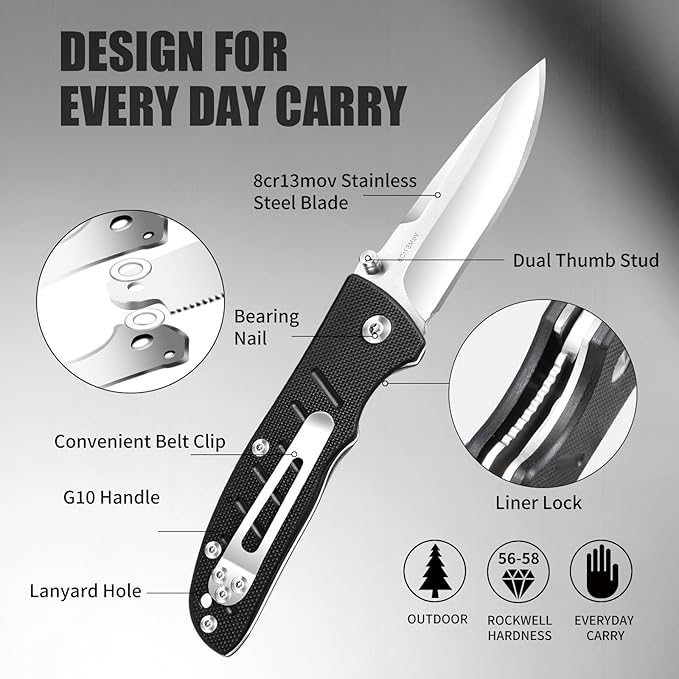 Harita Pocket Knife Folding EDC Knife with Belt Clip, 2.76 inch 8Cr13MoV Straight Edge Blade, G10