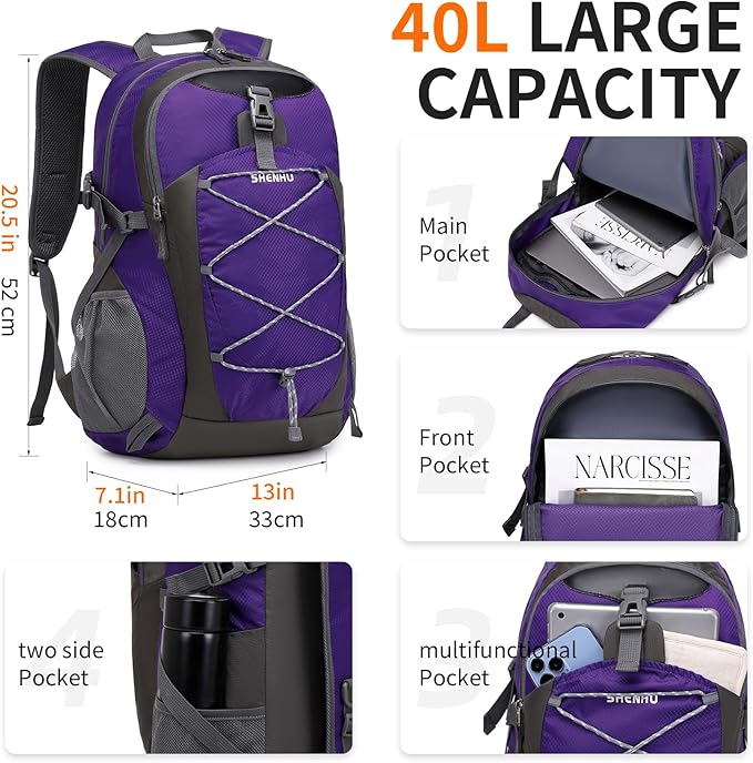 40L Hiking Backpack Lightweight Daypack Waterproof Travel Camping Backpack for Men Women Sport