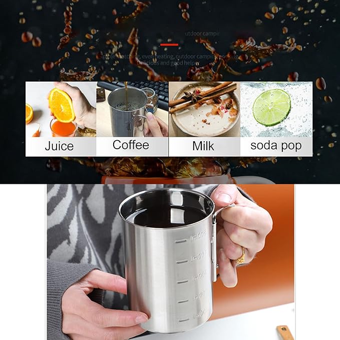 Stainless Steel Camping Cup, 17oz Fireproof Metal Cup with Lid and Foldable Handle, High