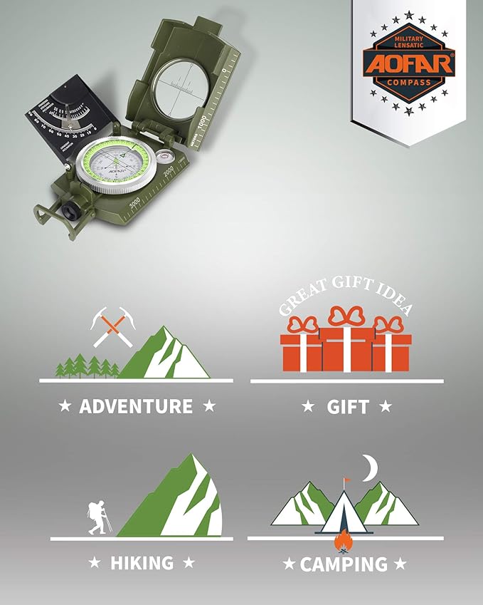 AOFAR AF-4074 Military Compass for Hiking,Lensatic Sighting Waterproof,Durable,Inclinometer for