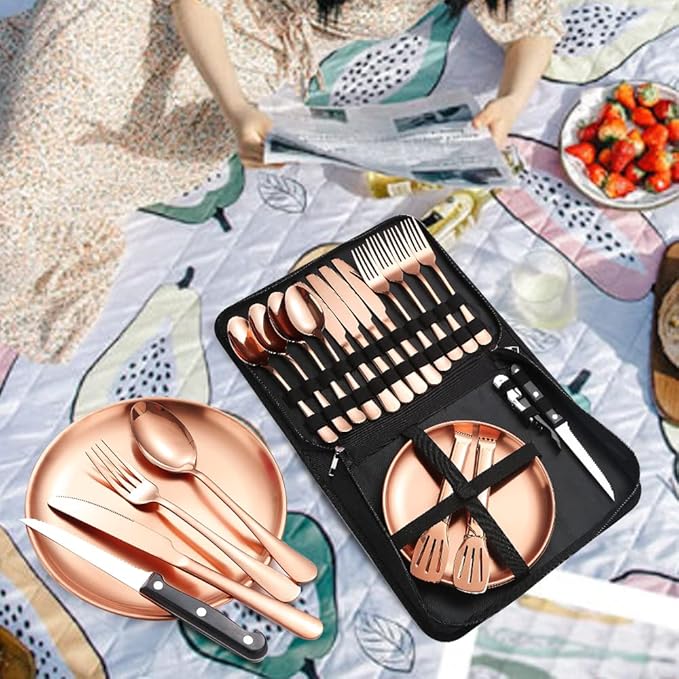 Picnic Tableware Set Camping Flatware Copper/Rose Gold Silverware and Plates Kit for 4 Portable