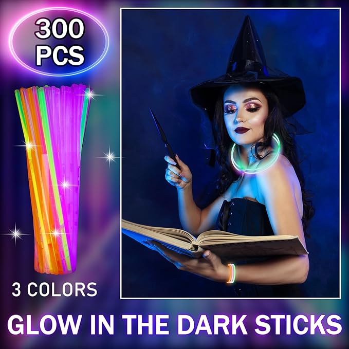 Hanaive 300 Pcs Glow Sticks Bulk 8 Inch Glow in The Dark Party Favors Neon Bracelets and Necklaces