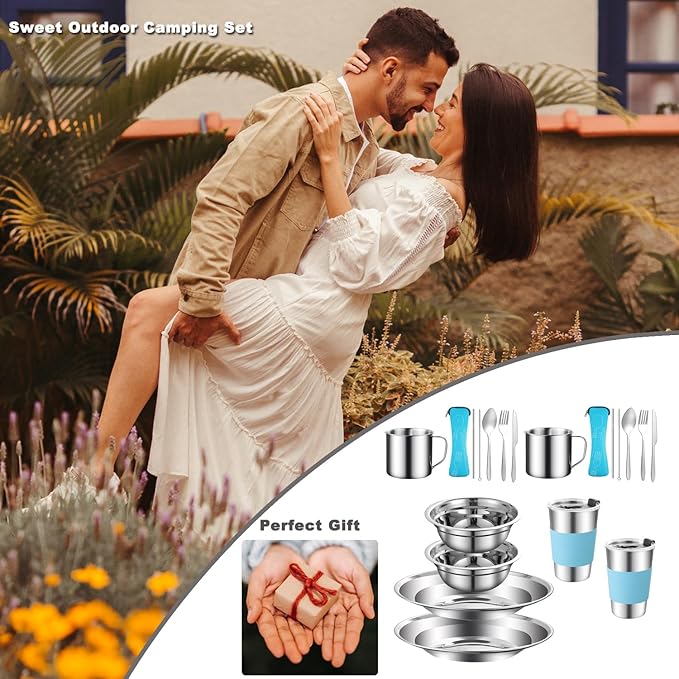 Camping Mess Kit Camping Dishes Set Stainless Steel Tableware Mess Kit Includes Plate Bowl Cup