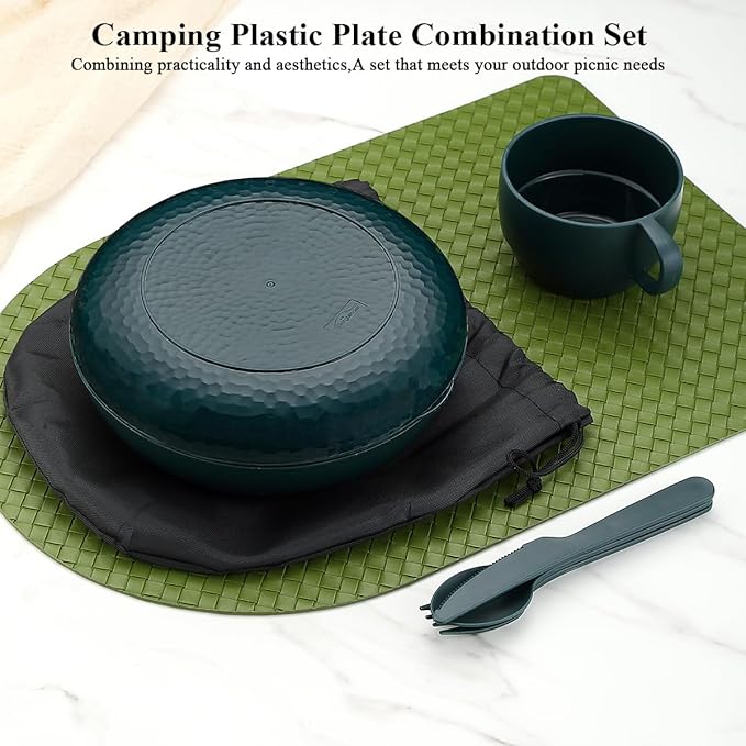 Berglander Camping Mess Kit with Bowl, Plate, Cup, Spoon, Fork, Knife and Carry Bag, Plastic