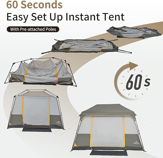 Naturehike Cape 4/6/8 Person Camping Tent, 60S Easy Setup Instant Tent Pop up Tent, Waterproof