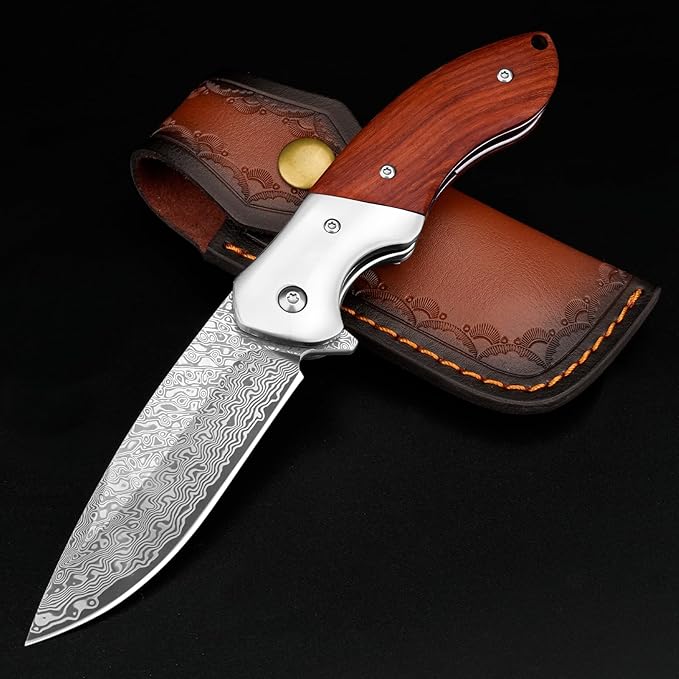 KOMWERO Damascus Pocket Knife, Sharp Damascus Steel Knife with Core VG10 Steel Blade Wood Handle